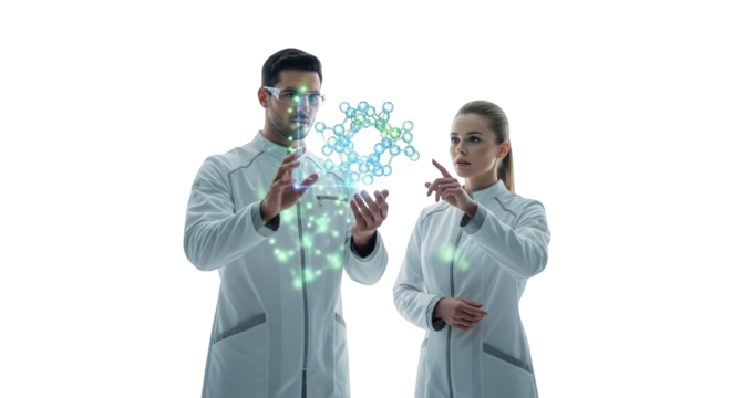 Scientists analyzing molecule structure in lab for medical research and development innovation of science on transparent background
