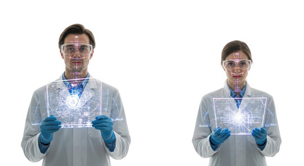 Scientists working on futuristic technology in lab for medical research and development study case on transparent background