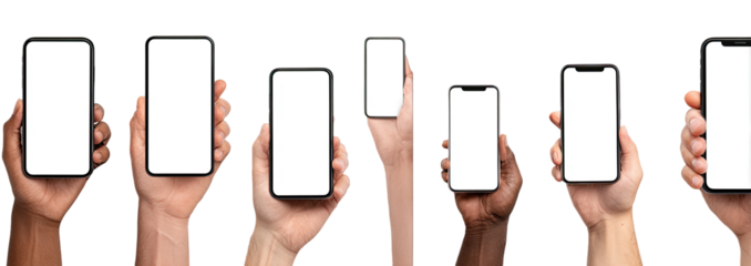 Diverse hands holding smartphones with blank screens against a black background