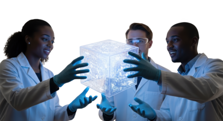 Scientists working on innovative technology holding glowing cube in laboratory research and development team on transparent background