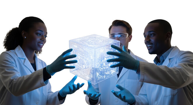 Scientists working on innovative technology holding glowing cube in laboratory research and development team on transparent background
