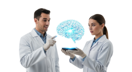 Medical brain research concept with doctors analyzing hologram for healthcare innovation and technology on transparent background