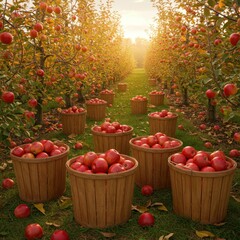 An orchard path lined with fruit trees, showcasing numerous wooden baskets overflowing with plump, red apples under a radiant autumnal sun.