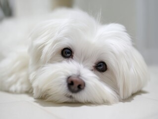 大きな瞳で見つめる可愛いマルチーズ犬のアップ写真