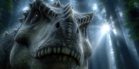 The fearsome Tyrannosaurus rex roams a sunlit prehistoric forest, a majestic, terrifying beast.