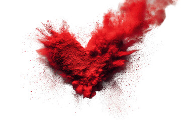 A vibrant red heart shape erupts in a burst of colorful powder