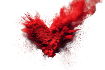 A vibrant red heart shape erupts in a burst of colorful powder