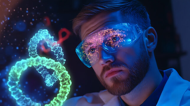 Scientist in Augmented Reality Goggles Examining DNA Structure