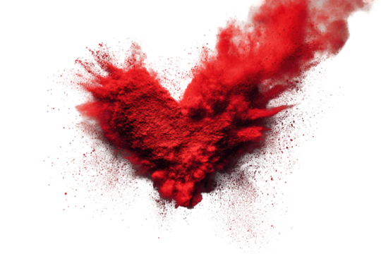 A vibrant red heart shape erupts in a burst of colorful powder