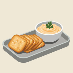 Vector Illustration of Crackers and Hummus in Modern Minimalist Style with Neutral Color Palette for Food Branding and Packaging