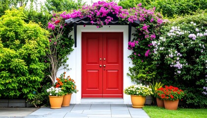 Fototapeta premium Vibrant front door with colorful landscaping