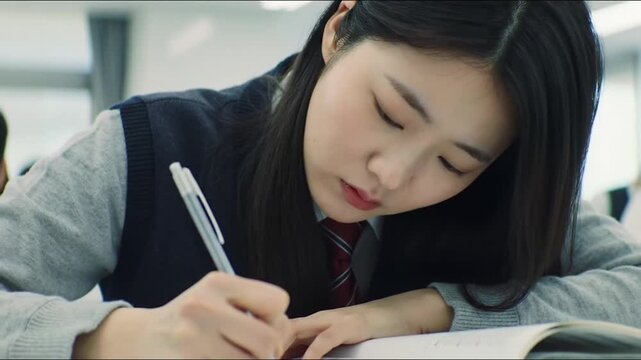 Focused Asian Student in Uniform Writing in Classroom with Education Concept.
