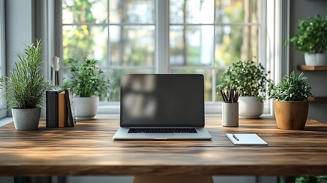 Wooden desk with laptop and plants by a window with green foliage view computer notebook Photo