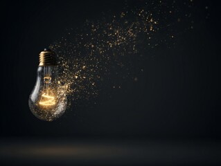 Obraz premium A glowing lightbulb suspended in darkness, surrounded by golden particles for an abstract effect.