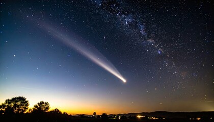 Fototapeta premium Comet Observation in the Night Sky, Astrophotography, Rural Landscape, Awe-Inspiring View