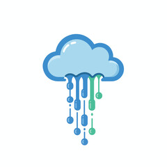Vector Illustration of Cloud with Raindrops in Modern Minimalist Style Featuring Blue and Green Colors