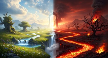 Dramatic Fantasy Landscape with Lush Green Side and Fiery Volcanic Side with Waterfall and Mountain Backdrop