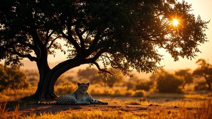 Wild Cheetah Resting Under Acacia Tree Shade