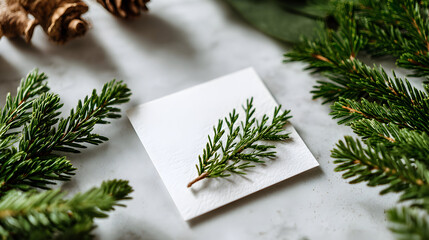 White square card with pine branch on marble surface, surrounded by pine branches and pine cones.