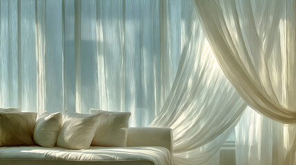 White sheer curtains blowing gently in a sunlit room, partially obscuring a beige couch with pillows.