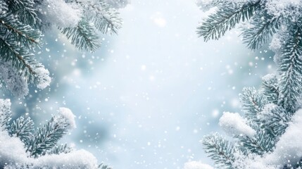 Soft Snowfall on Evergreen Branches with a Gentle Winter Atmosphere and Plenty of Copy Space