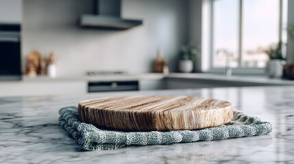 Wooden cutting board on a gray countertop in a modern kitchen.