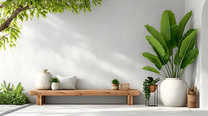 Wooden bench with plants and decor against a white wall.