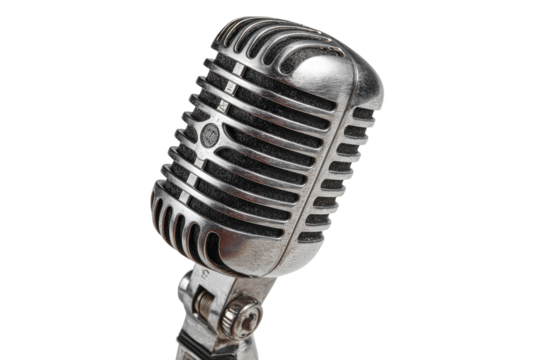 Close-up of a vintage microphone, metallic gray and silver, with ribbed grill and adjustable stand
