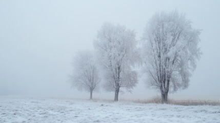 Obraz premium Three snow-covered trees in a foggy winter landscape with frost on the branches