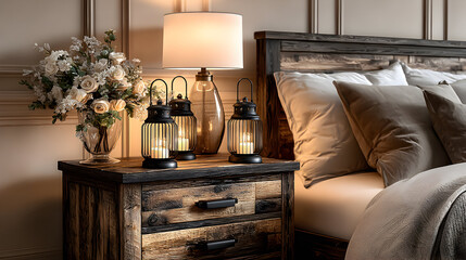 Wooden nightstand with lamp, flowers, and candles next to a bed in a bedroom.