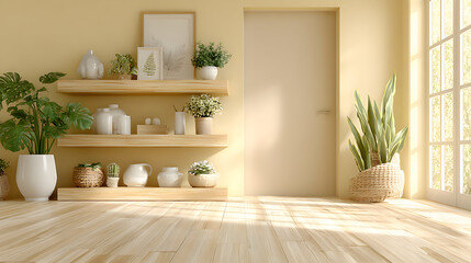 Wooden shelves with plants and vases in a room with a large window.
