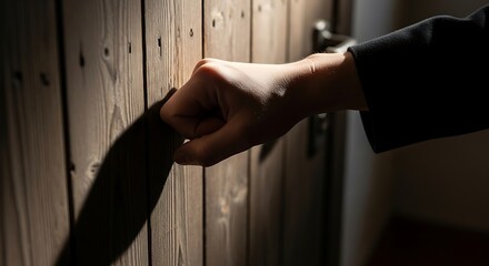 Fist Knocking on Wooden Door in Dark Interior with Shadow Effect