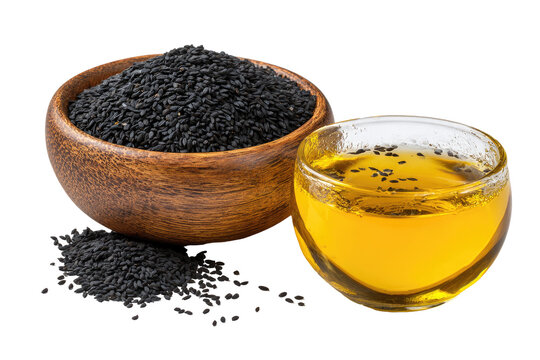 Dark seeds in bowl, golden liquid in cup. Healthy, natural