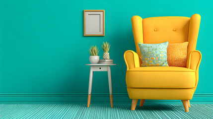 Yellow armchair with pillow and small side table in a teal room