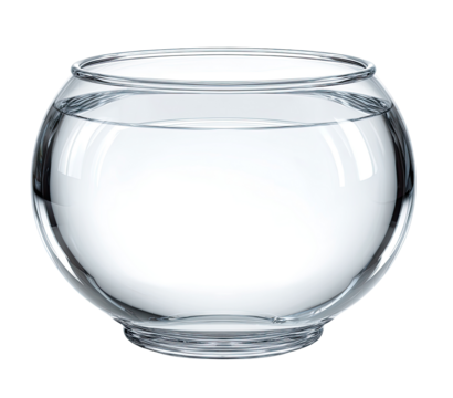 Empty round glass fishbowl, filled with clear water