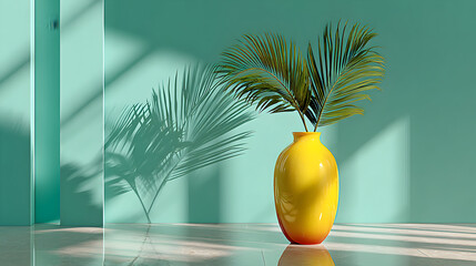 Yellow vase with palm leaves against a teal wall.