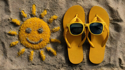 Yellow flip-flops and a sun drawing in sand.
