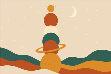 Minimalist vector illustration of abstract planets, Saturn ring and moon in desert landscape