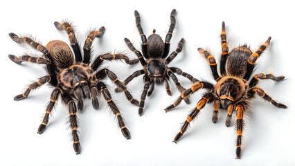 A trio of tarantulas displaying their unique markings and hairy legs on a white background surface