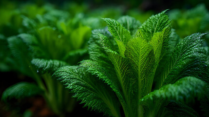 Close-up of lush green mustard greens in a field