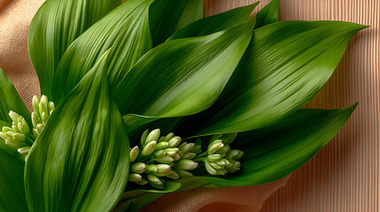 Close-up of lily of the valley flowers and leaves.