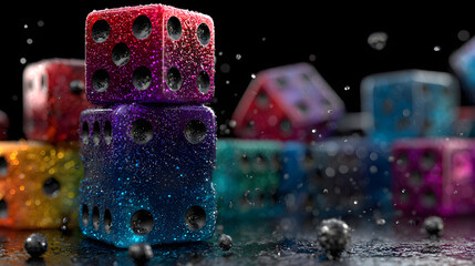 Close-up of multicolored dice with water droplets on a dark surface.
