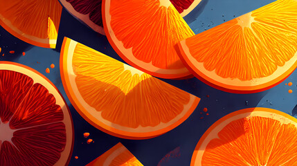 Close-up of orange and blood orange slices on a dark blue background.