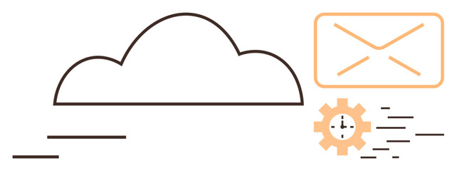 Cloud, envelope representing email, and gear with clock highlighting data storage, email management, time tracking, automation, messaging, productivity streamlined secure processes. Simple flat
