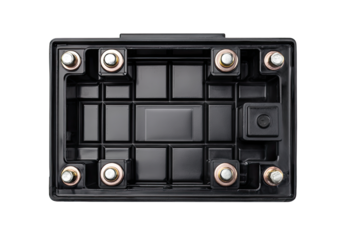 Top-down view of a black plastic battery box with metal terminals