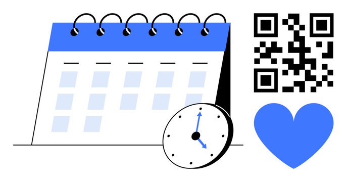 Spiral calendar, clock, QR code, and heart symbolizing time organization, planning, digital access, and priorities. Ideal for scheduling, productivity appointments reminders digital tools time