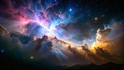 Naklejka premium Cosmic Clouds and Stars in a Starry Sky, Night Landscape, Digital Artwork Viewpoint