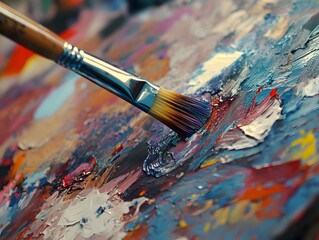 Obraz premium Close-up Paintbrush Mixing Vibrant Oil Colors on Palette
