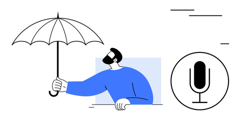 Obraz premium Man holding umbrella for protection, leaning out of a window. Nearby microphone icon symbolizes voice, podcasting, or broadcasting. Ideal for protection, podcasting, creativity, communication