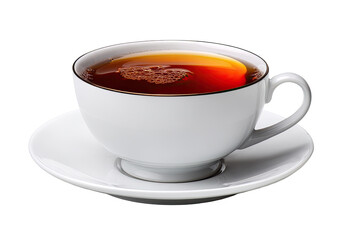 A white teacup and saucer, filled with dark tea